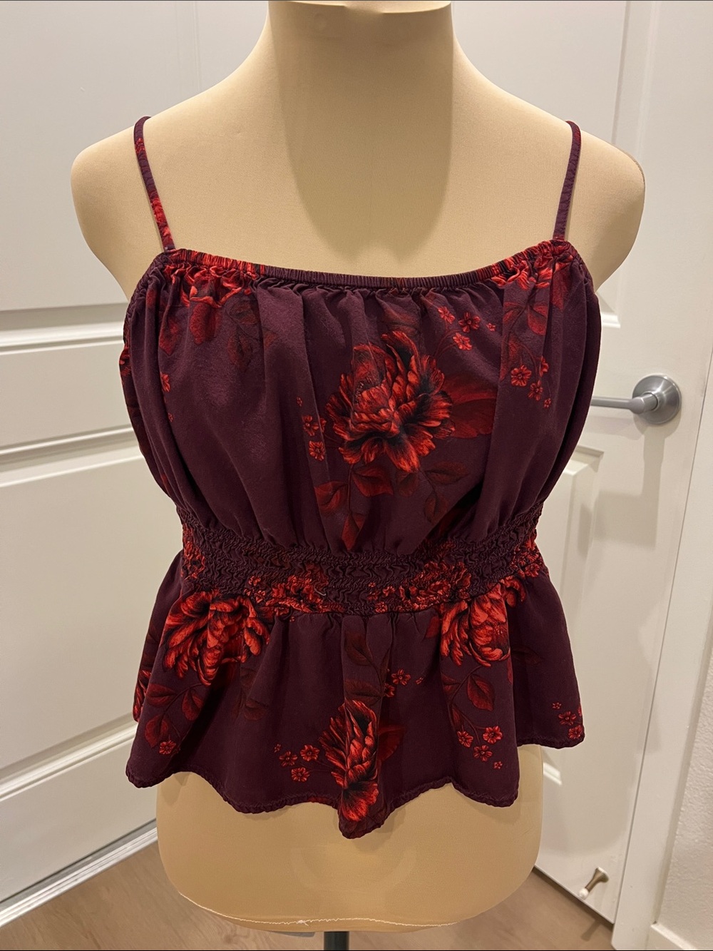 Old Navy Burgundy Floral Smocked Waist Spaghetti Strap Camisole